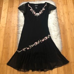 Vintage S.L. Fashion Beaded Embroidery Floral Flowy Black Cocktail Dress size 16